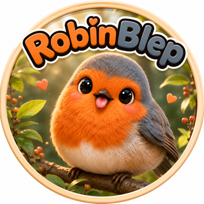 Round orange RobinBlep mascot with a tiny tongue